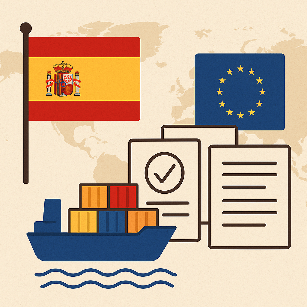 Ilustración de exportación entre España y la Unión Europea con barco de carga, banderas y documentos de origen comunitario.