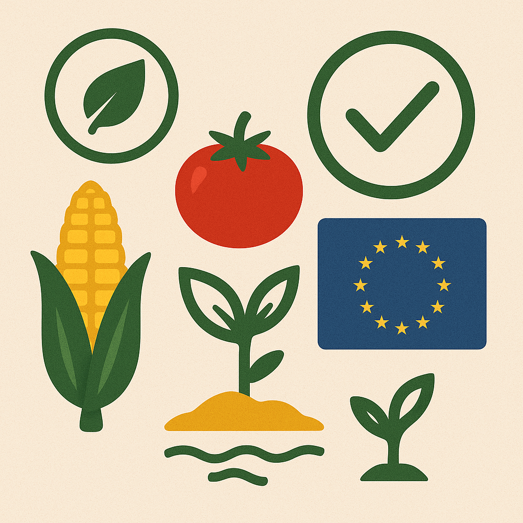 Ilustración de productos agroalimentarios europeos con símbolos de sostenibilidad, seguridad alimentaria y bandera de la Unión Europea.